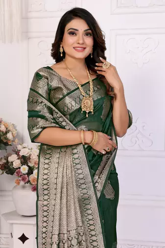 Green organza c gold zari festive saree