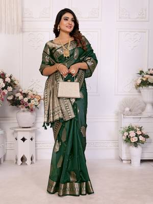 Green organza c gold zari festive saree 5