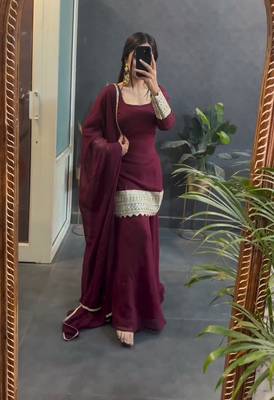 MAROON Faux Blooming with Sequins Embroidered SUIT SET 5