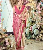 Cream woven banarasi silk blend saree