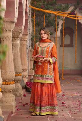 ORANGE CHINON  PARTY WEAR  EMBROIDERY SUIT SET  1