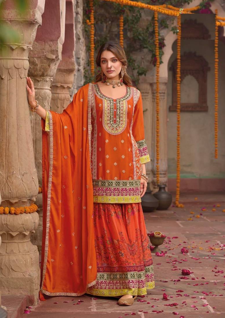 ORANGE CHINON  PARTY WEAR  EMBROIDERY SUIT SET 