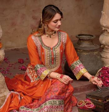 ORANGE CHINON  PARTY WEAR  EMBROIDERY SUIT SET  3