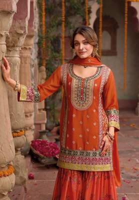 ORANGE CHINON  PARTY WEAR  EMBROIDERY SUIT SET  4