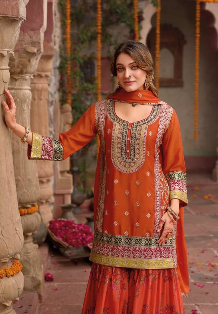 ORANGE CHINON  PARTY WEAR  EMBROIDERY SUIT SET 