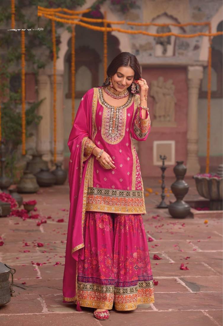 PINK CHINON PARTY WEAR EMBROIDERY  SUIT SET