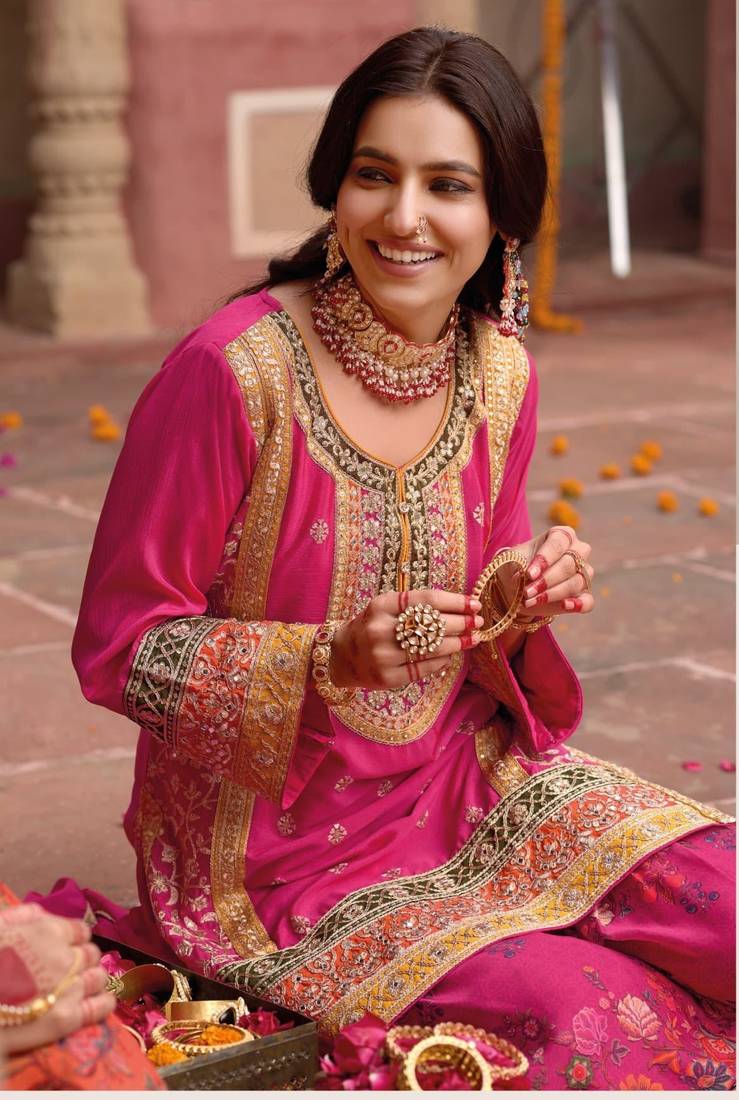 PINK CHINON PARTY WEAR EMBROIDERY  SUIT SET