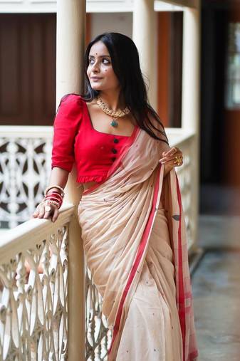 Cream Handloom Soft Pure Cotton Saree 