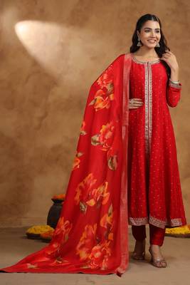 crimson full work anarkali suit set 1