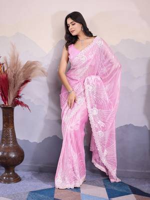 Pink Sequins Embroidered Soft Twill Net Saree For Weddings 1