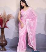 Pink Sequins Embroidered Soft Twill Net Saree For Weddings