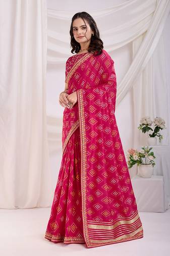 Rani Pink Golden Foil Bandhani Print With Embroidered Vichitra-Silk Wedding Party-Wear Saree