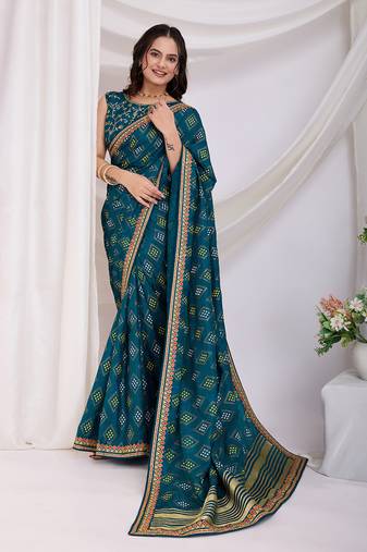 Teal Golden Foil Bandhani Print With Embroidered Vichitra-Silk Indian Wedding Designer Saree