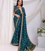 Teal Golden Foil Bandhani Print With Embroidered Vichitra-Silk Indian Wedding Designer Saree