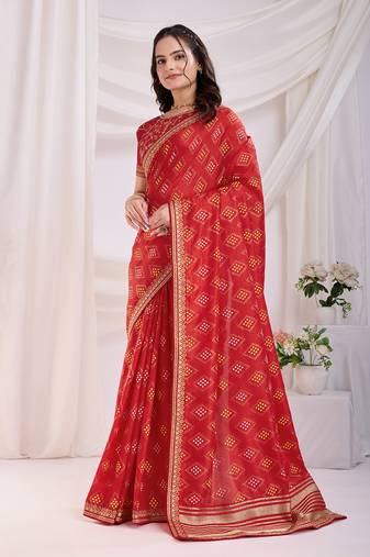 Colorful Red Golden Foil Bandhani Print With Embroidered Vichitra-Silk Saree For Weddings