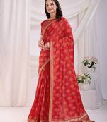Colorful Red Golden Foil Bandhani Print With Embroidered Vichitra-Silk Saree For Weddings