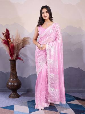 Pink Sequins Embroidered Soft Twill Net Saree For Weddings 4