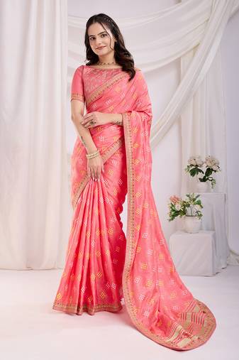Dreamy Baby Pink Golden Foil Bandhani Print With Embroidered Vichitra-Silk Designer Wedding Partywear Traditional Saree