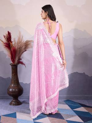 Pink Sequins Embroidered Soft Twill Net Saree For Weddings 5