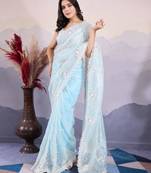 Firozi Sequins Embroidered Soft Twill Net Indian Wedding Designer Saree