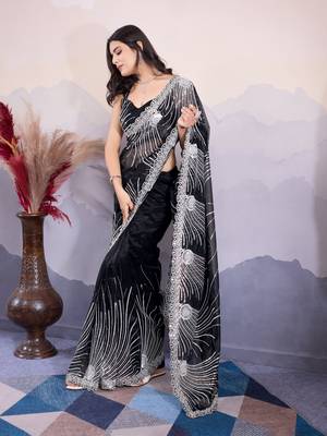 Black Sequins Embroidered Soft Twill Net Indian Party-Wear Saree 1