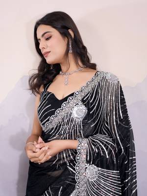 Black Sequins Embroidered Soft Twill Net Indian Party-Wear Saree 2