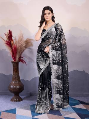 Black Sequins Embroidered Soft Twill Net Indian Party-Wear Saree 3