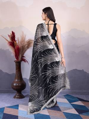 Black Sequins Embroidered Soft Twill Net Indian Party-Wear Saree 4