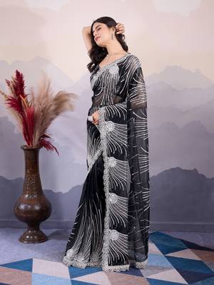 Black Sequins Embroidered Soft Twill Net Indian Party-Wear Saree 5