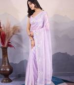Fetching Purple Sequins Embroidered Soft Twill Net Party-Wear Saree