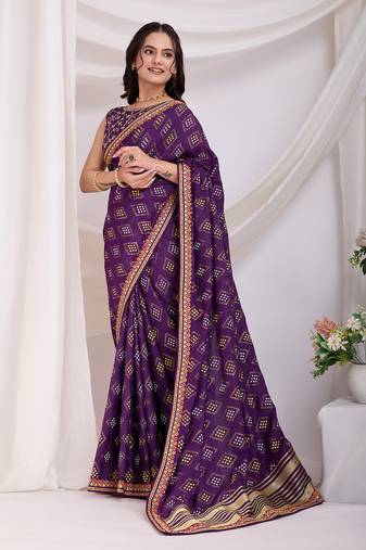 Alluring Lavender Golden Foil Bandhani Print With Embroidered Vichitra-Silk Ethnic Saree