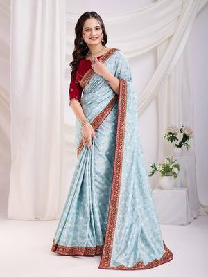 Sky Blue Golden Foil Bandhani Print With Embroidered Vichitra-Silk Indian Party-Wear Saree 1