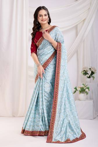Sky Blue Golden Foil Bandhani Print With Embroidered Vichitra-Silk Indian Party-Wear Saree