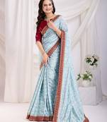 Sky Blue Golden Foil Bandhani Print With Embroidered Vichitra-Silk Indian Party-Wear Saree
