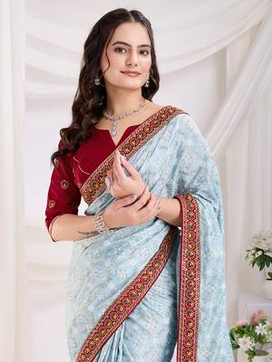 Sky Blue Golden Foil Bandhani Print With Embroidered Vichitra-Silk Indian Party-Wear Saree 2