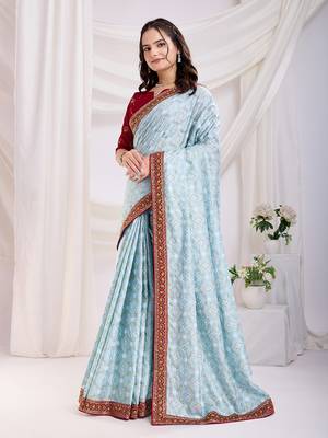Sky Blue Golden Foil Bandhani Print With Embroidered Vichitra-Silk Indian Party-Wear Saree 3