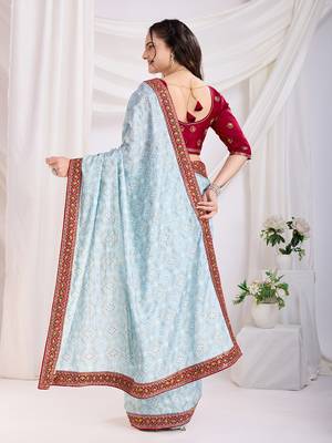 Sky Blue Golden Foil Bandhani Print With Embroidered Vichitra-Silk Indian Party-Wear Saree 4