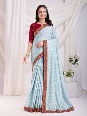 Sky Blue Golden Foil Bandhani Print With Embroidered Vichitra-Silk Indian Party-Wear Saree 5