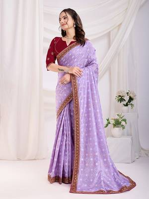  Lavender Golden Foil Bandhani Print With Embroidered Vichitra-Silk Bridal Saree For Wedding 1