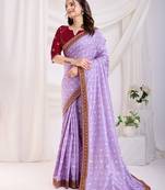  Lavender Golden Foil Bandhani Print With Embroidered Vichitra-Silk Bridal Saree For Wedding