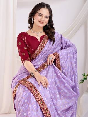  Lavender Golden Foil Bandhani Print With Embroidered Vichitra-Silk Bridal Saree For Wedding 2