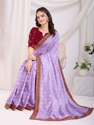  Lavender Golden Foil Bandhani Print With Embroidered Vichitra-Silk Bridal Saree For Wedding 3