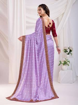  Lavender Golden Foil Bandhani Print With Embroidered Vichitra-Silk Bridal Saree For Wedding 4