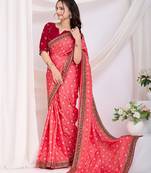 Coral Pink Golden Foil Bandhani Print With Embroidered Vichitra-Silk Wedding Saree
