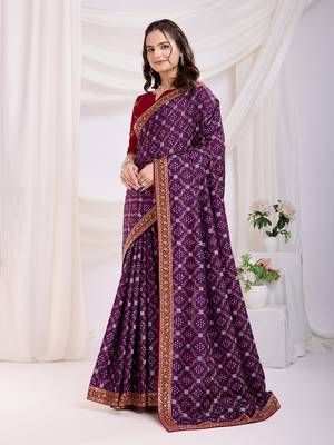 Purple Golden Foil Bandhani Print With Embroidered Vichitra-Silk Party-Wear Saree 1