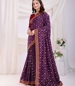 Purple Golden Foil Bandhani Print With Embroidered Vichitra-Silk Party-Wear Saree