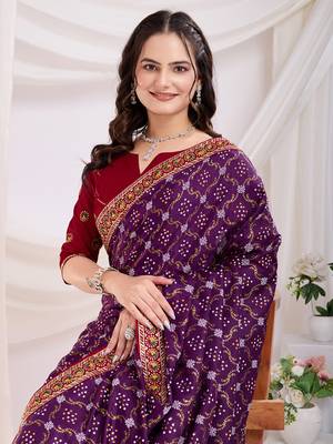 Purple Golden Foil Bandhani Print With Embroidered Vichitra-Silk Party-Wear Saree 2