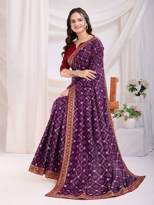 Purple Golden Foil Bandhani Print With Embroidered Vichitra-Silk Party-Wear Saree 3
