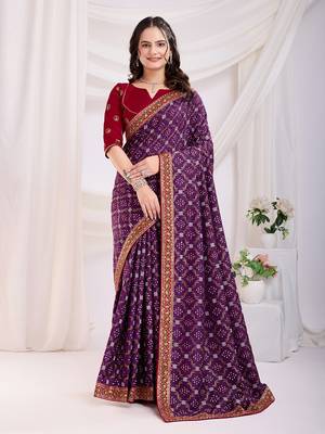 Purple Golden Foil Bandhani Print With Embroidered Vichitra-Silk Party-Wear Saree 4