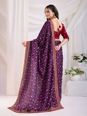 Purple Golden Foil Bandhani Print With Embroidered Vichitra-Silk Party-Wear Saree 5